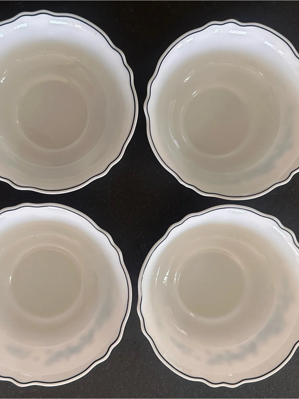 Vintage Set of 4 Arcopal France Kalinka Pattern White and Blue Milk Glass Bowls